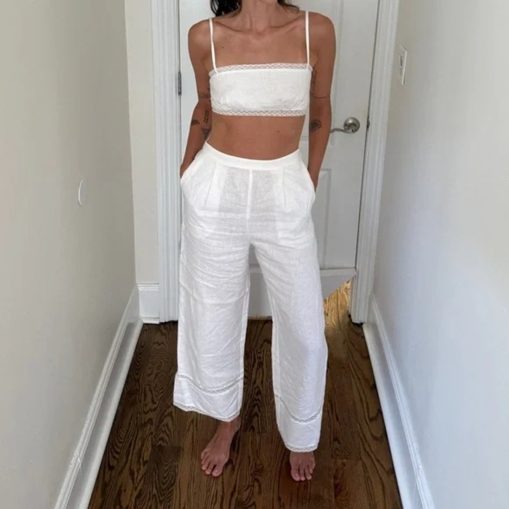 Reformation | Violet 100% Linen Crop Top & Wide Leg Pant Two Piece Set White - Picture 3 of 10